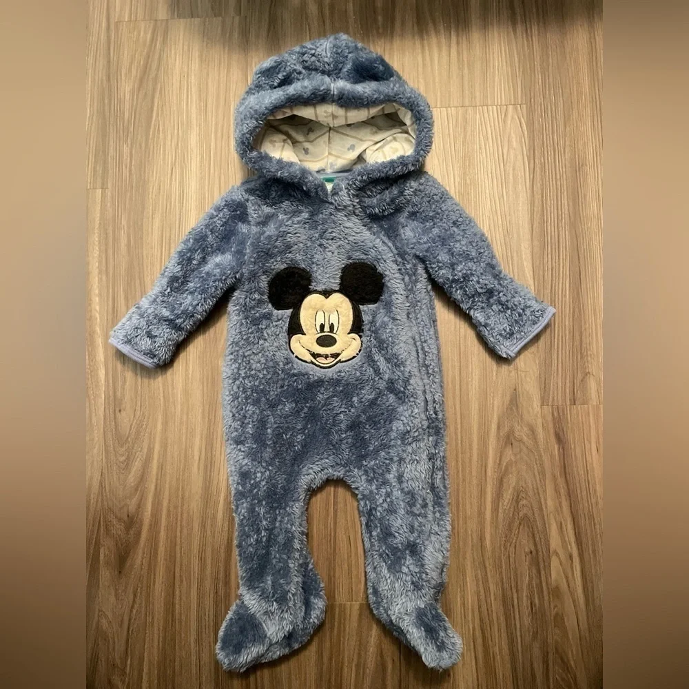Disney Cozy Mickey Mouse Blue hooded footie size 3/6M-NWOT